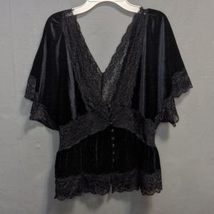 Black Velvet lace kimono style blouse deep v neck
